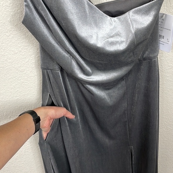 NWT After Six One Shoulder Spaghetti Strap Velvet Maxi Dress Gown Caviar Gray 8 - Picture 4 of 12